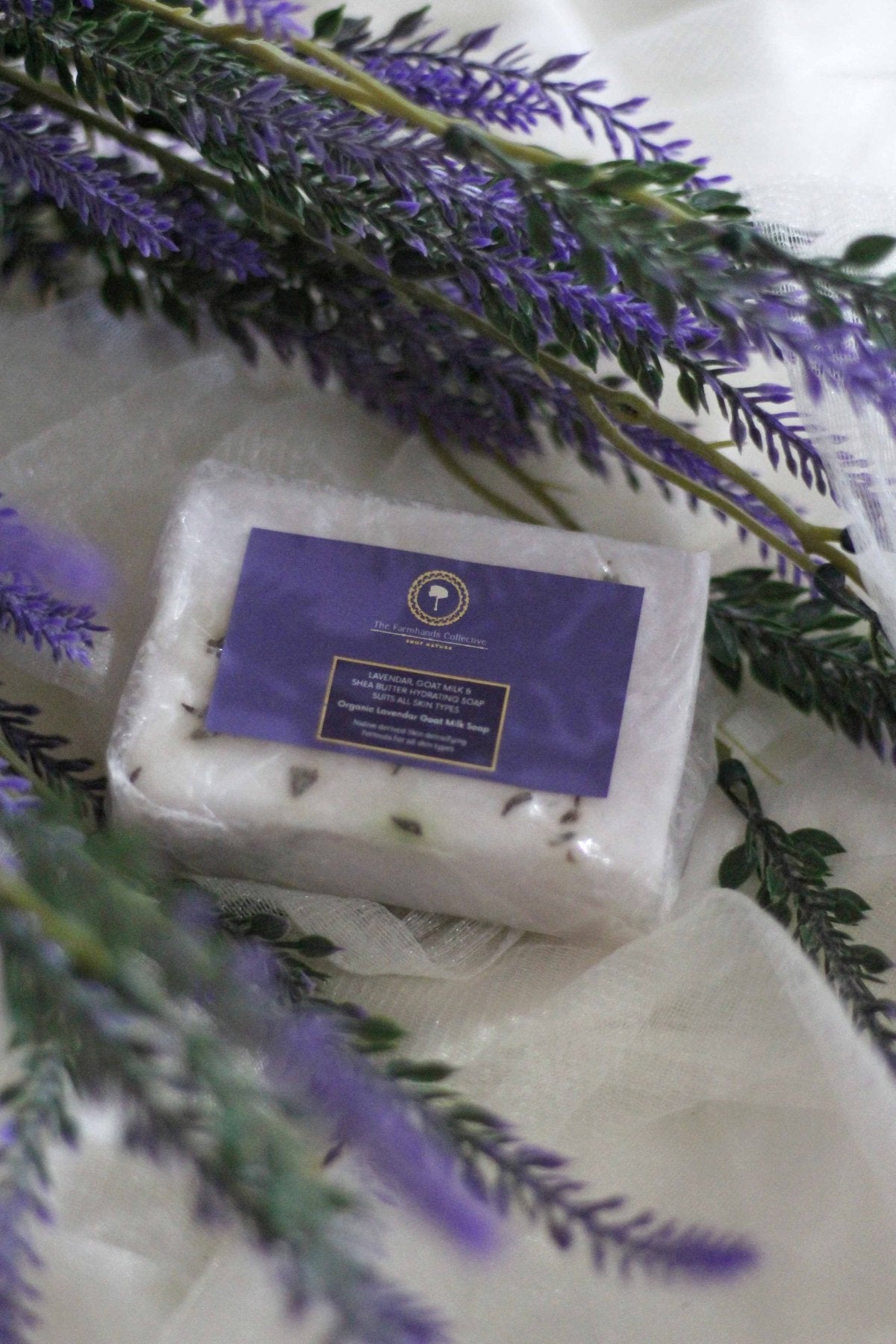 Kashmiri Lavender Goat Milk Soap from The Farmhands Collective surrounded by vibrant lavender branches, emphasizing the soap's natural ingredients and soothing properties. The arrangement highlights the organic and luxurious qualities of the product