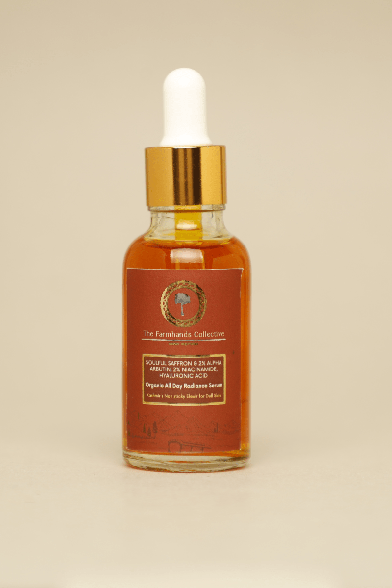 saffron serum, High-quality Kashmiri saffron, in a transparent glass vial with a dropper top, featuring the deep golden hue of the serum, positioned on a minimalist backdrop